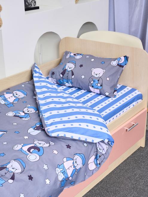 Постельное белье детское поплин с простыней на резинке - Мишки, цвет синий