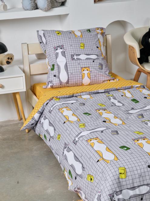 Постельное белье детское поплин без молнии с 1 наволочкой - Кот-батон
