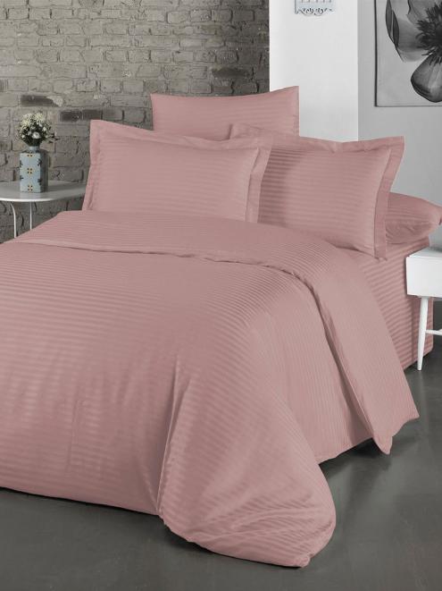 Постельное белье сатин страйп с простыней на резинке в подарочной упаковке - Розовая пудра