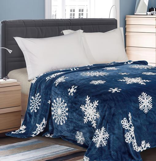 Плед Велсофт набивной - Снежинки на синем