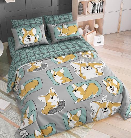 КПБ Поплин 1,5 сп с 1 нав. 70*70 с детским рисунком - Корги
